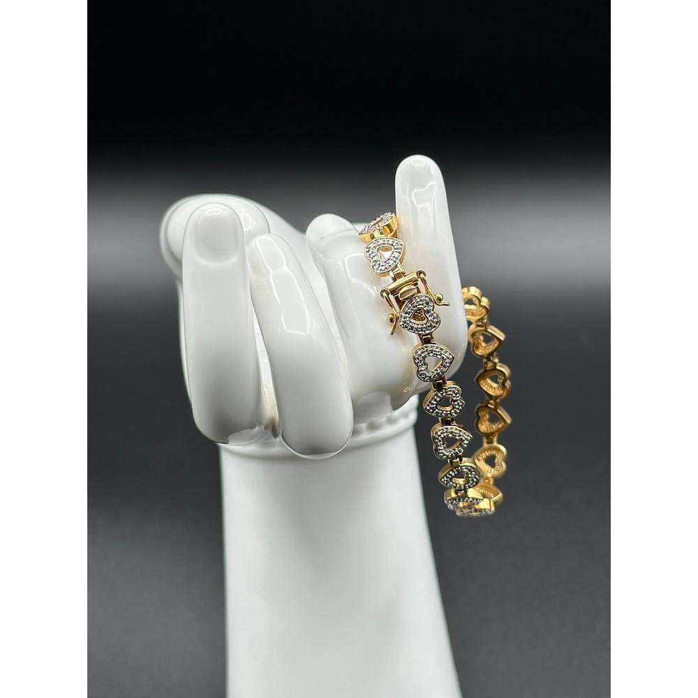Prime Art & Jewel Bronze Gold Tone CZ Heart Link Bracelet 7 Inch Vintage PAJ